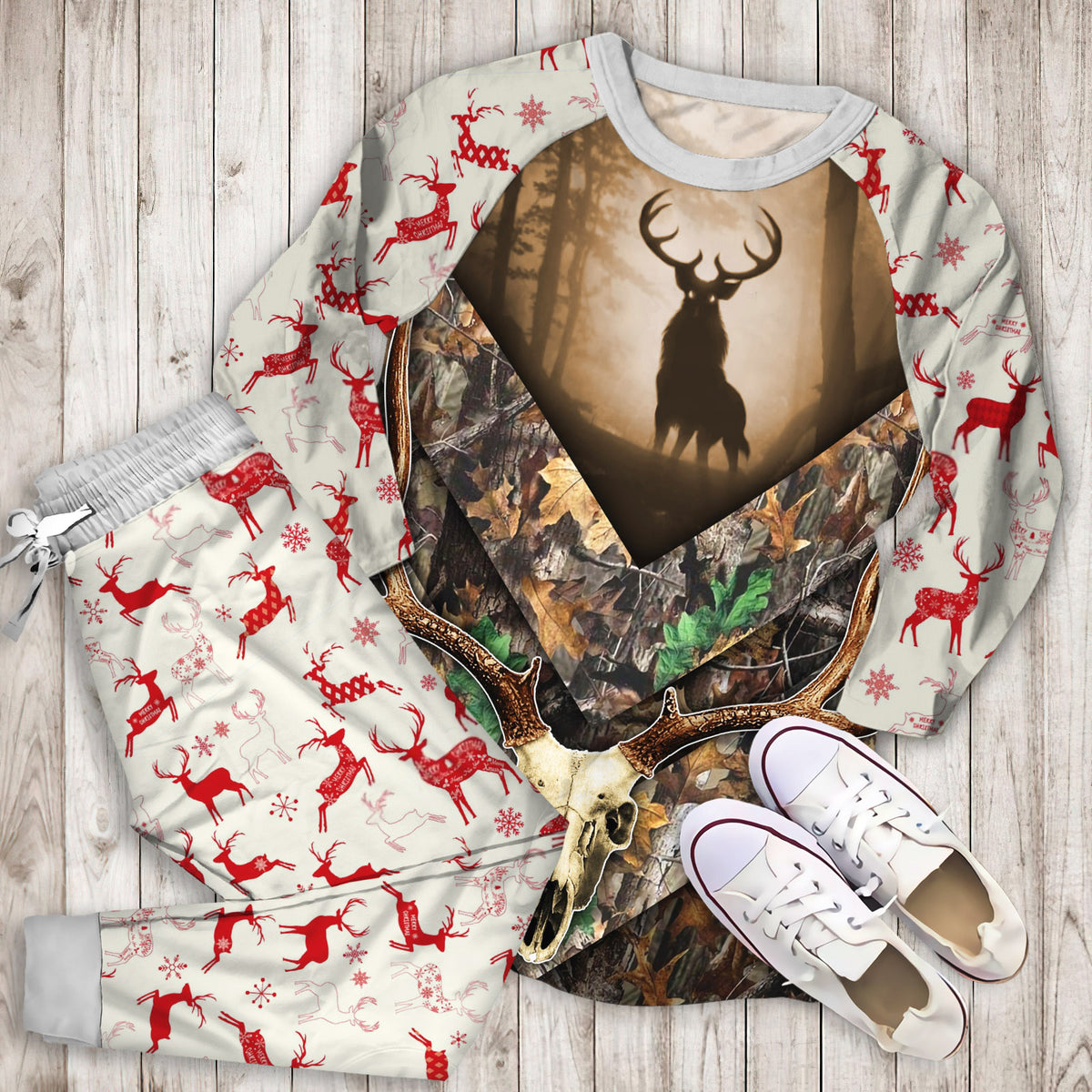 Deer Hunting Pajama Set | Pajamas | Cotton Sleepwear Sets | Soft Long Sleeve Pjs | Raglan Shirt and Pants Set