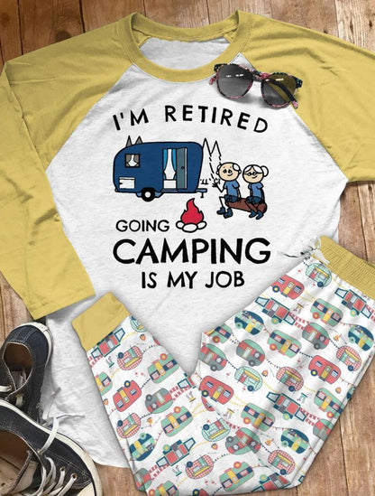 Camping Im Retired Going Camping Is My Job Aao Pajama Set |Sleepwear Pjs Sets | Raglan Shirt Pants Set