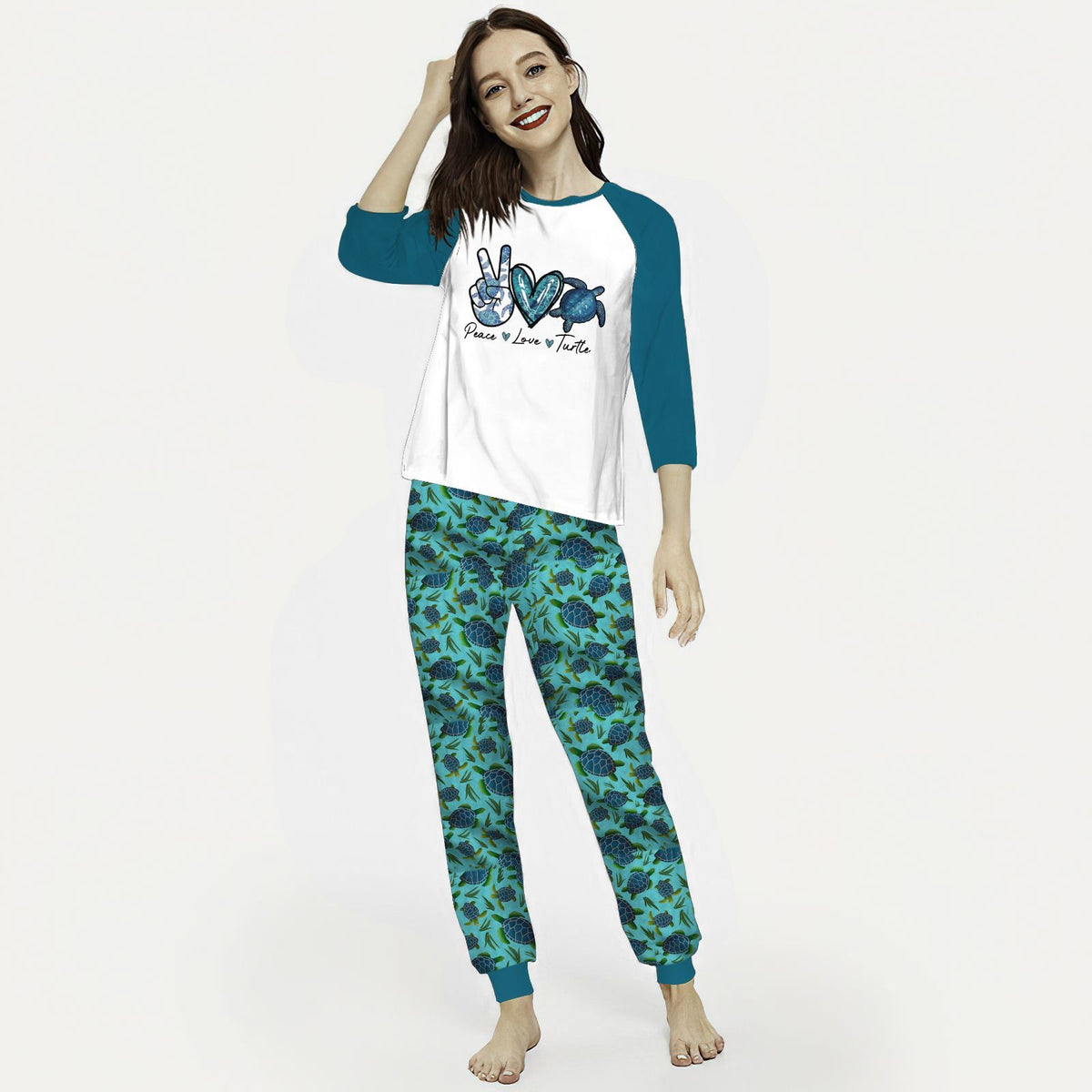 Sea Turtle Peace Love Sea Turtle Aaj Pajama Set |Sleepwear Pjs Sets | Raglan Shirt Pants Set