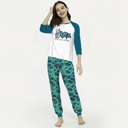 Sea Turtle Peace Love Sea Turtle Aaj Pajama Set |Sleepwear Pjs Sets | Raglan Shirt Pants Set