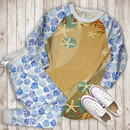 Coral Waves Coastal Pajama Set |Sleepwear Pjs Sets | Raglan Shirt Pants Set