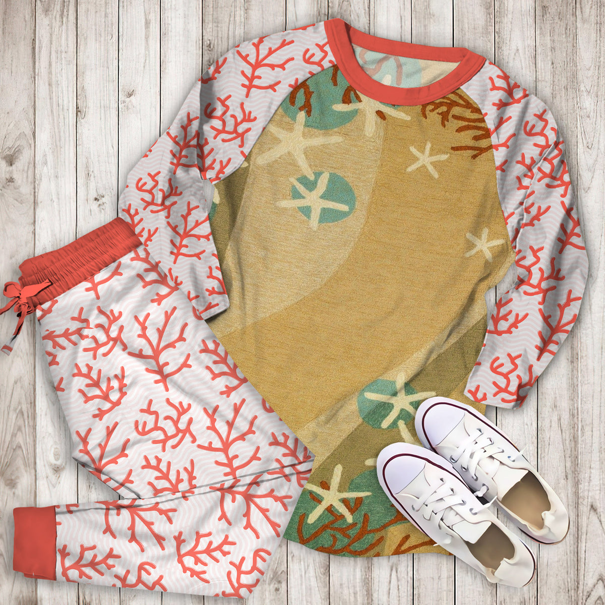 Coral Waves Coastal Pajama Set |Sleepwear Pjs Sets | Raglan Shirt Pants Set