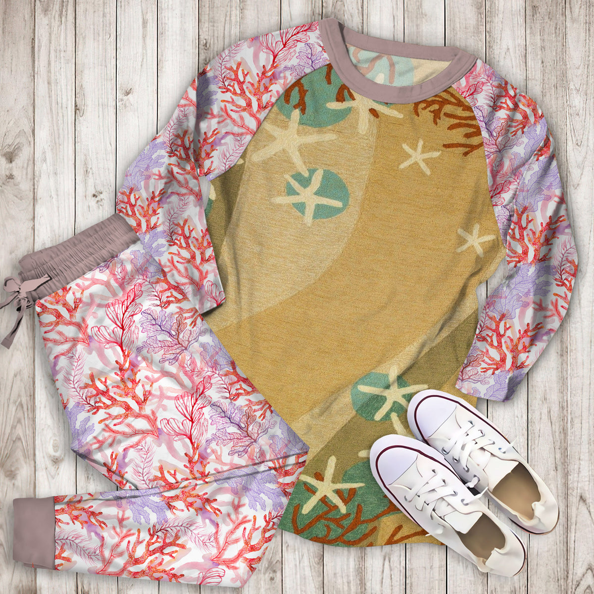 Coral Waves Coastal Pajama Set |Sleepwear Pjs Sets | Raglan Shirt Pants Set