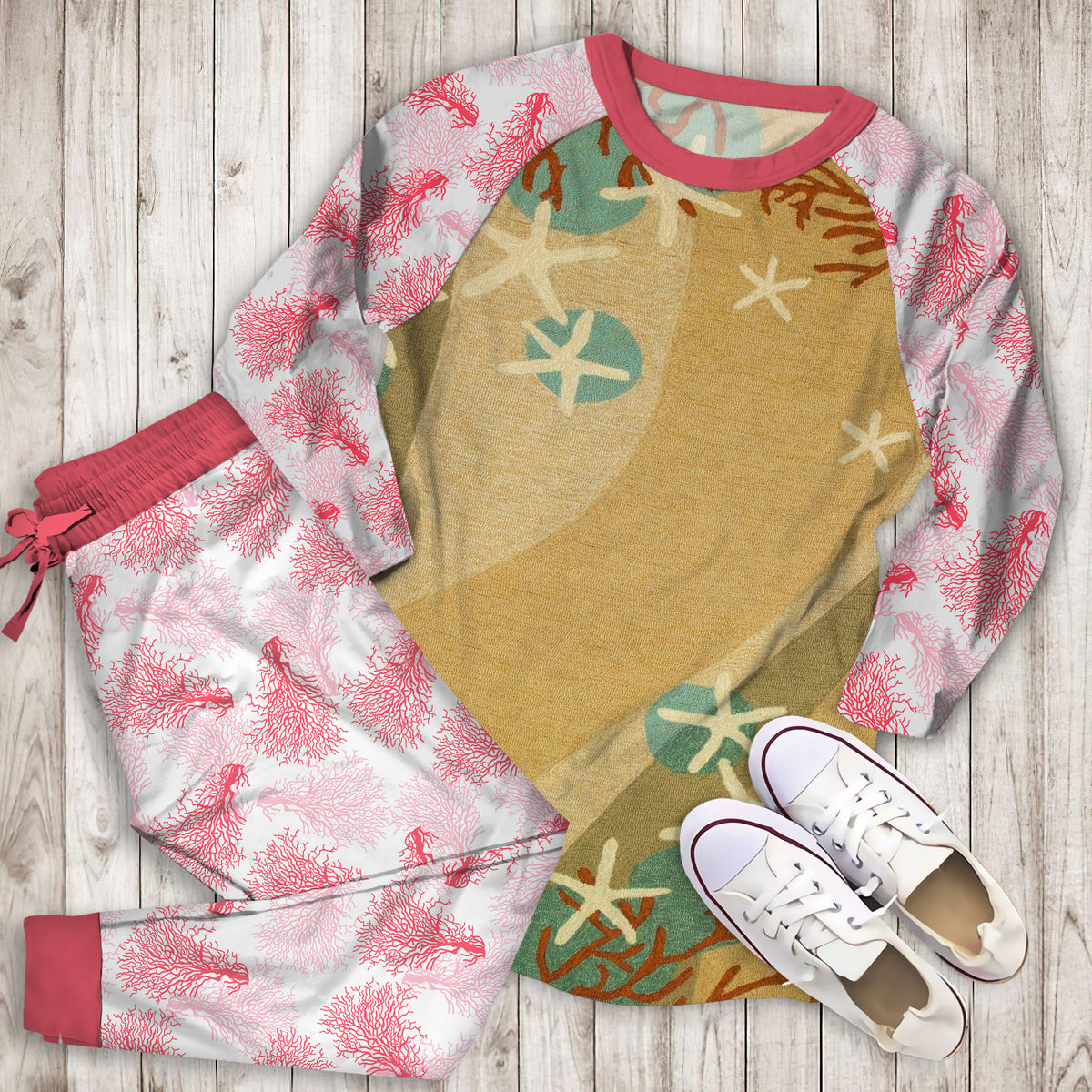 Coral Waves Coastal Pajama Set |Sleepwear Pjs Sets | Raglan Shirt Pants Set