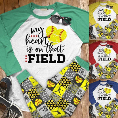 Softball My Heart Is On That Field Abp Pajama Set |Sleepwear Pjs Sets | Raglan Shirt Pants Set