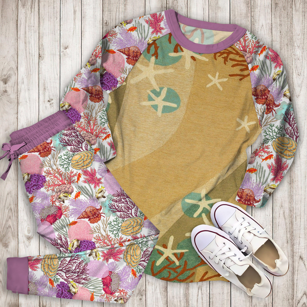 Coral Waves Coastal Pajama Set |Sleepwear Pjs Sets | Raglan Shirt Pants Set