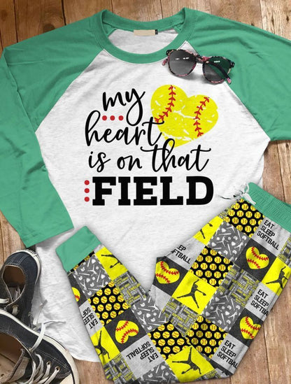 Softball My Heart Is On That Field Abp Pajama Set |Sleepwear Pjs Sets | Raglan Shirt Pants Set