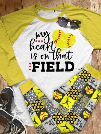 Softball My Heart Is On That Field Abp Pajama Set |Sleepwear Pjs Sets | Raglan Shirt Pants Set