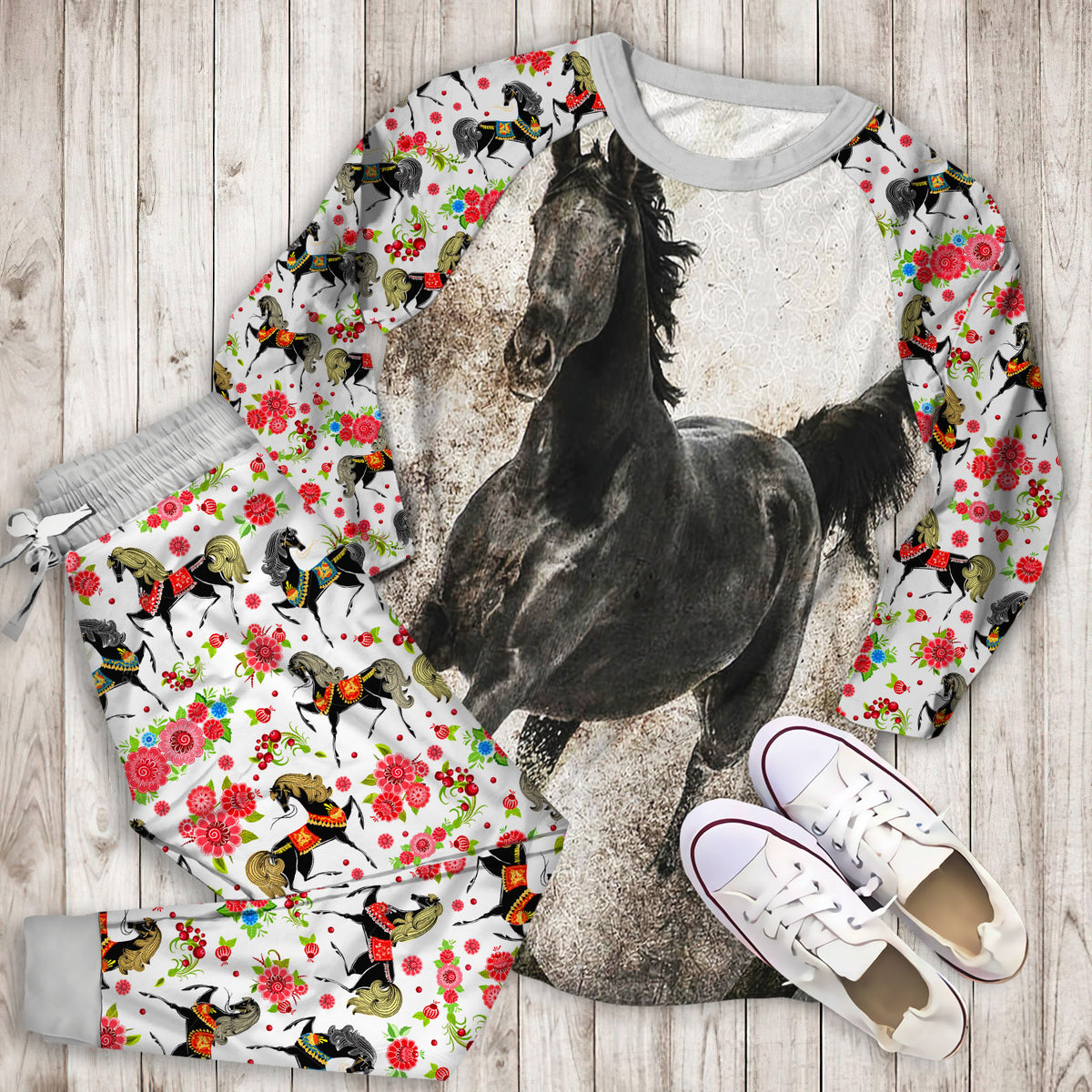 Gypsy Horse Pajama Set | Pajamas | Cotton Sleepwear Sets | Soft Long Sleeve Pjs | Raglan Shirt and Pants Set