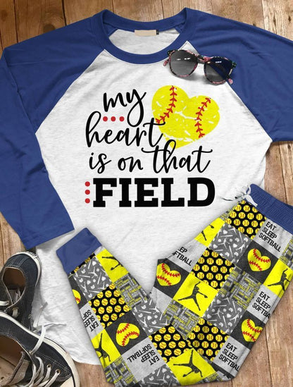 Softball My Heart Is On That Field Abp Pajama Set |Sleepwear Pjs Sets | Raglan Shirt Pants Set