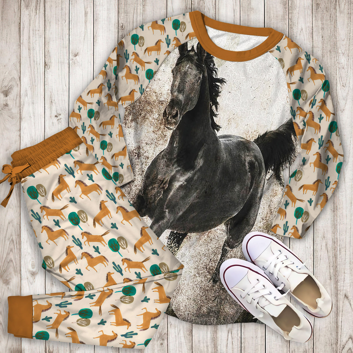 Gypsy Horse Pajama Set | Pajamas | Cotton Sleepwear Sets | Soft Long Sleeve Pjs | Raglan Shirt and Pants Set