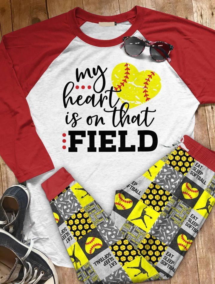 Softball My Heart Is On That Field Abp Pajama Set |Sleepwear Pjs Sets | Raglan Shirt Pants Set