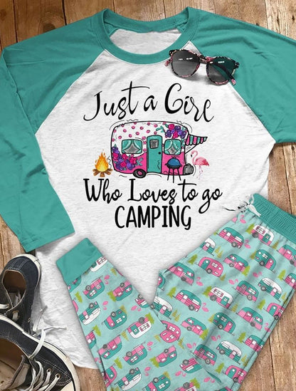 Camping Camp Girl Aag Pajama Set |Sleepwear Pjs Sets | Raglan Shirt Pants Set