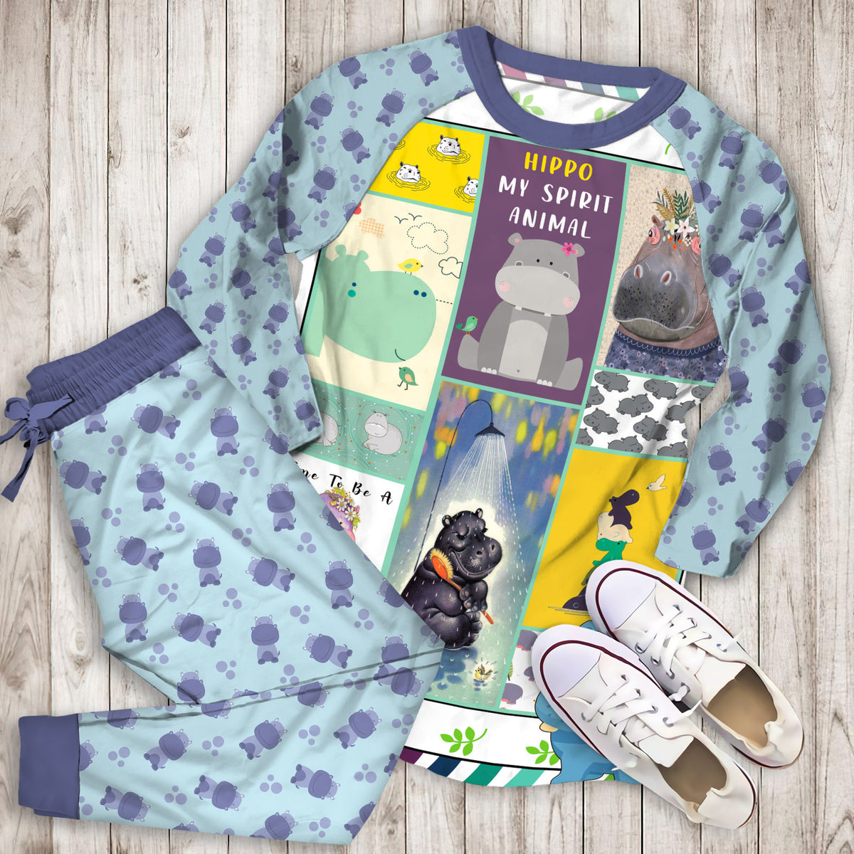 Hippo My Spirit Animal Pajama Set |Sleepwear Pjs Sets | Raglan Shirt Pants Set