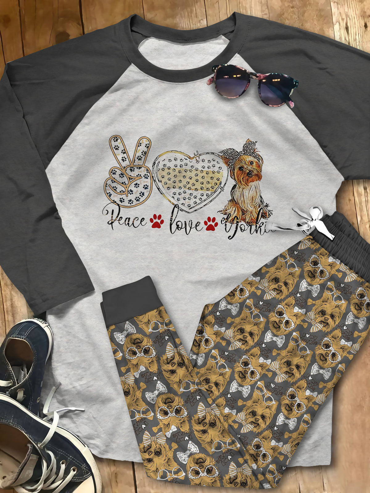 Yorkshire Terrier Peace Love Pajama Set |Sleepwear Pjs Sets | Raglan Shirt Pants Set