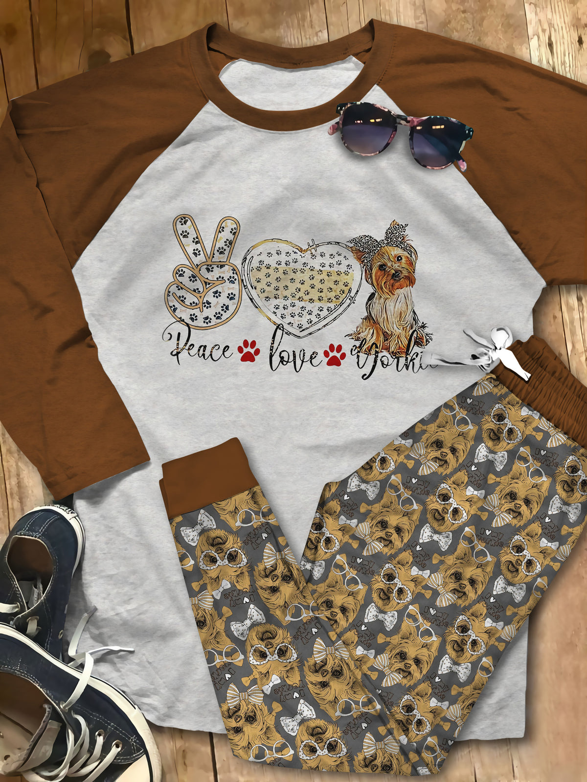 Yorkshire Terrier Peace Love Pajama Set |Sleepwear Pjs Sets | Raglan Shirt Pants Set
