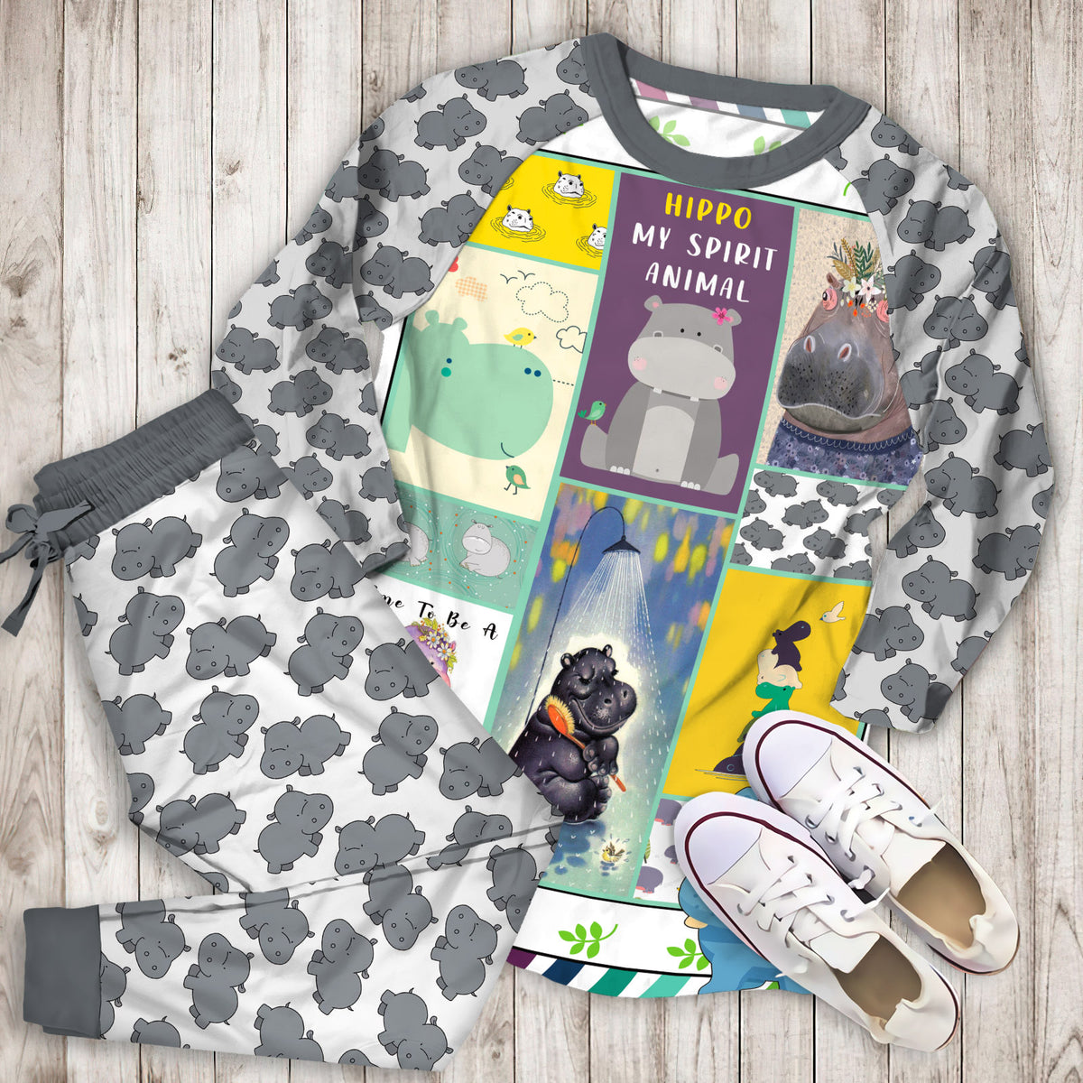 Hippo My Spirit Animal Pajama Set |Sleepwear Pjs Sets | Raglan Shirt Pants Set