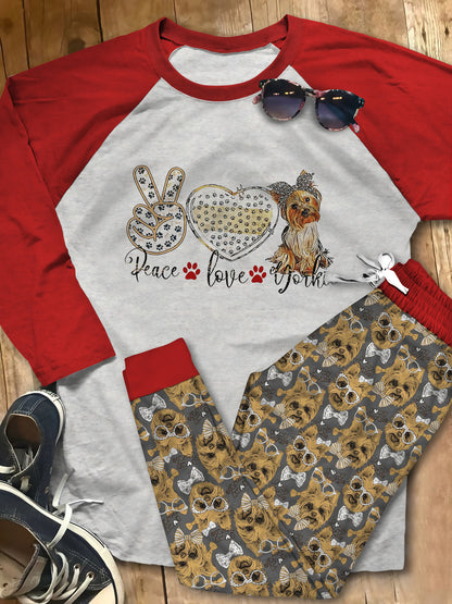Yorkshire Terrier Peace Love Pajama Set |Sleepwear Pjs Sets | Raglan Shirt Pants Set