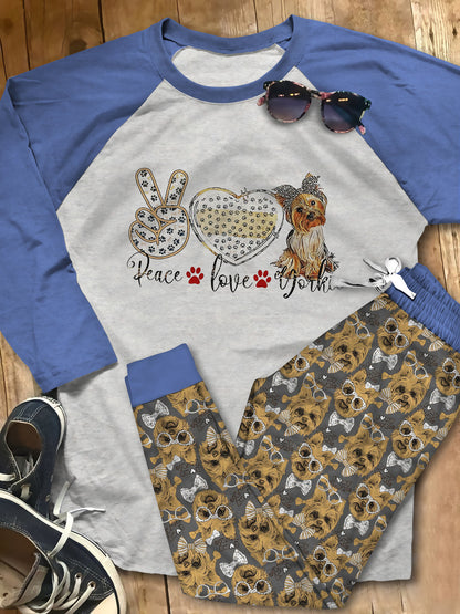 Yorkshire Terrier Peace Love Pajama Set |Sleepwear Pjs Sets | Raglan Shirt Pants Set