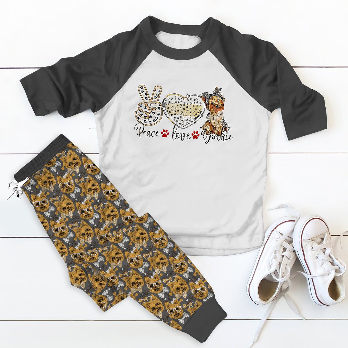 Yorkshire Terrier Peace Love Pajama Set |Sleepwear Pjs Sets | Raglan Shirt Pants Set