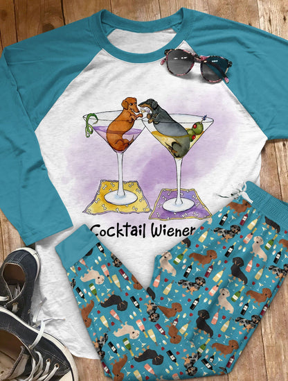Dachshund Cocktail Wieners Aax Pajama Set |Sleepwear Pjs Sets | Raglan Shirt Pants Set