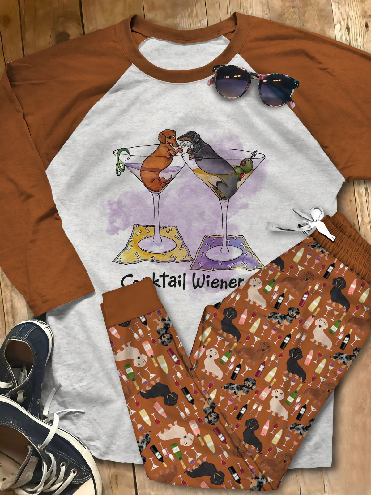Dachshund Cocktail Wieners Aax Pajama Set |Sleepwear Pjs Sets | Raglan Shirt Pants Set