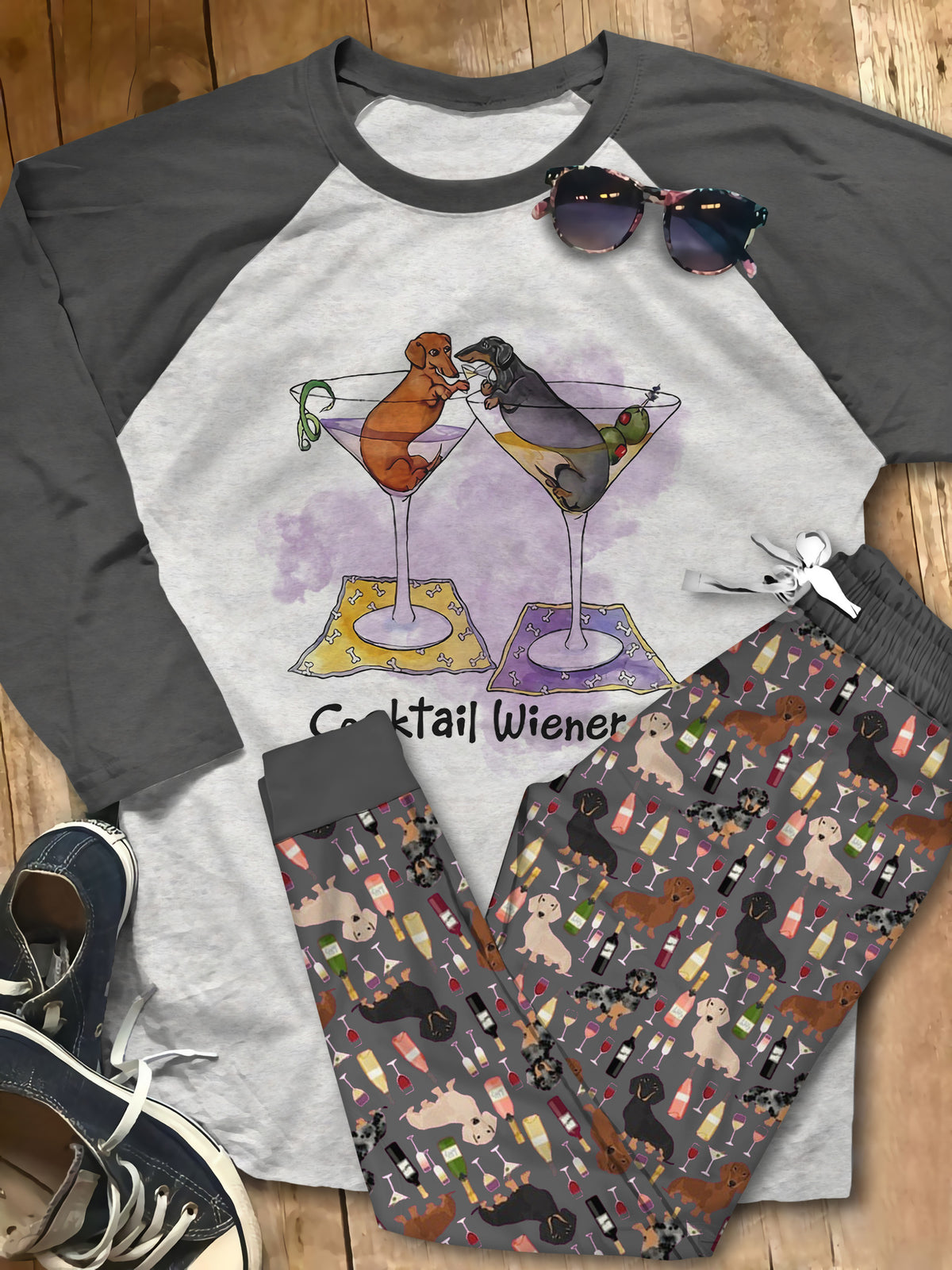 Dachshund Cocktail Wieners Aax Pajama Set |Sleepwear Pjs Sets | Raglan Shirt Pants Set