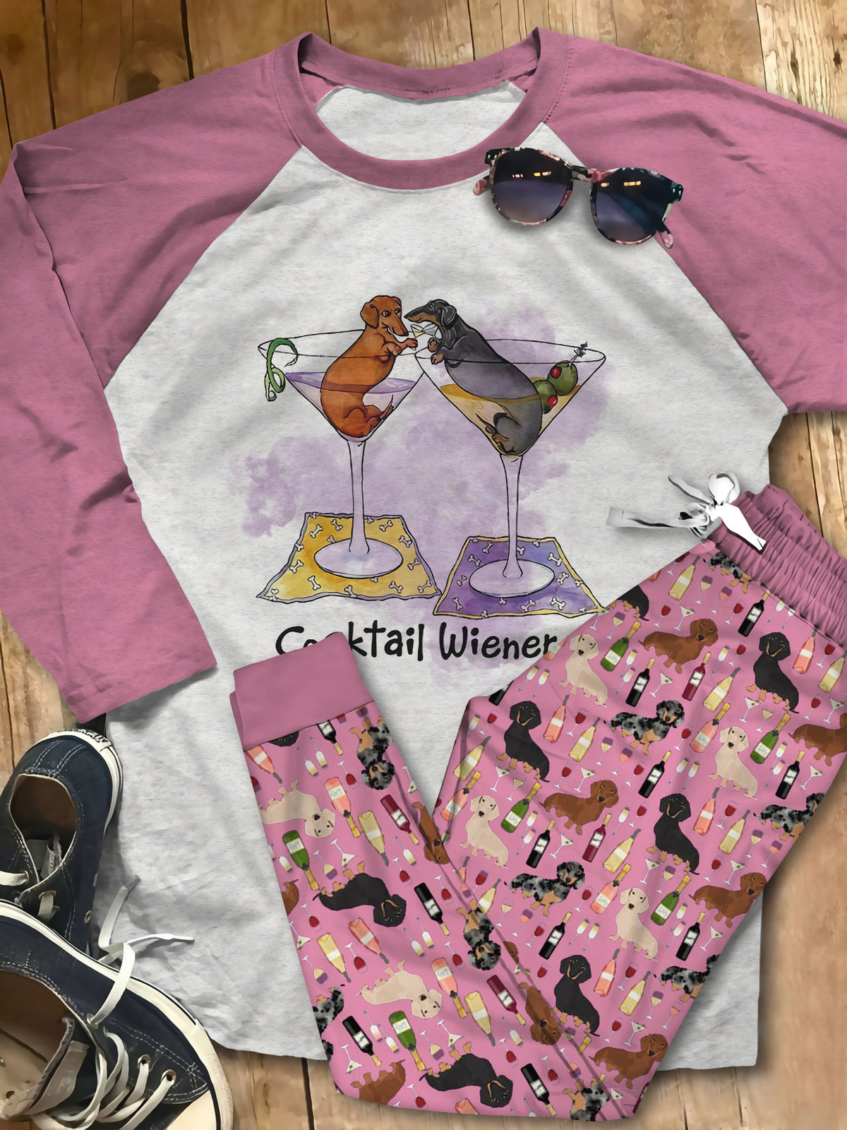 Dachshund Cocktail Wieners Aax Pajama Set |Sleepwear Pjs Sets | Raglan Shirt Pants Set