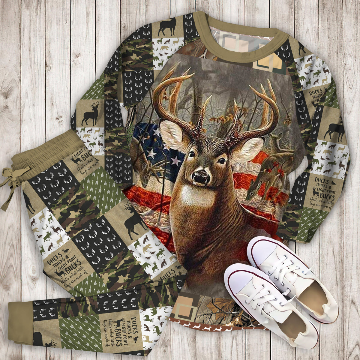 Hunting Deer American Flag Pajama Set |Sleepwear Pjs Sets | Raglan Shirt Pants Set