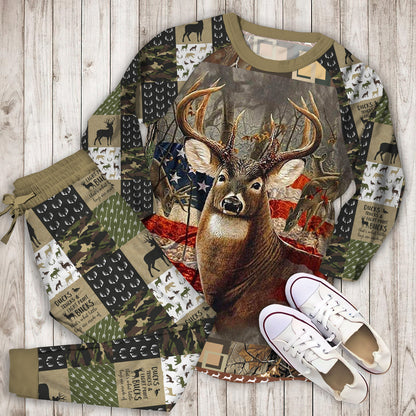 Hunting Deer American Flag Pajama Set |Sleepwear Pjs Sets | Raglan Shirt Pants Set