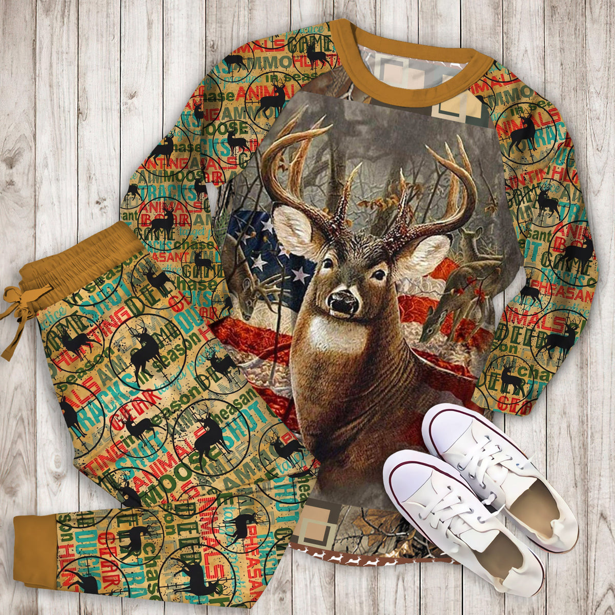 Hunting Deer American Flag Pajama Set |Sleepwear Pjs Sets | Raglan Shirt Pants Set
