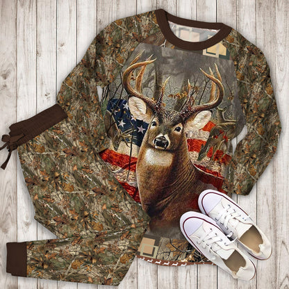 Hunting Deer American Flag Pajama Set |Sleepwear Pjs Sets | Raglan Shirt Pants Set