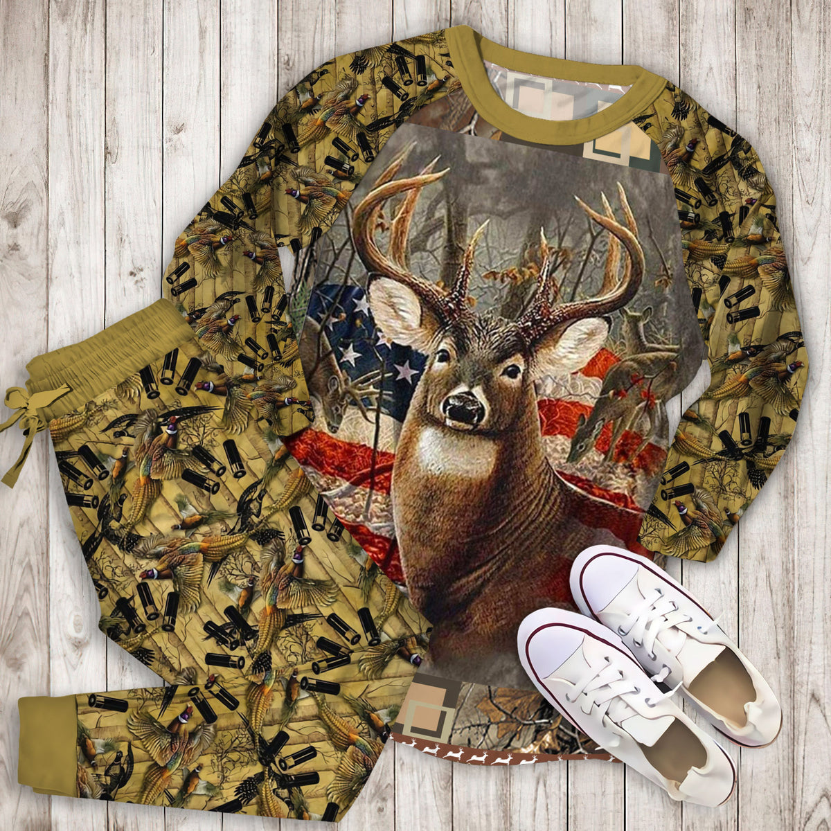 Hunting Deer American Flag Pajama Set |Sleepwear Pjs Sets | Raglan Shirt Pants Set