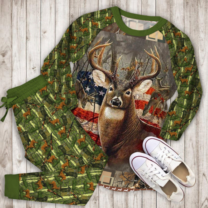 Hunting Deer American Flag Pajama Set |Sleepwear Pjs Sets | Raglan Shirt Pants Set