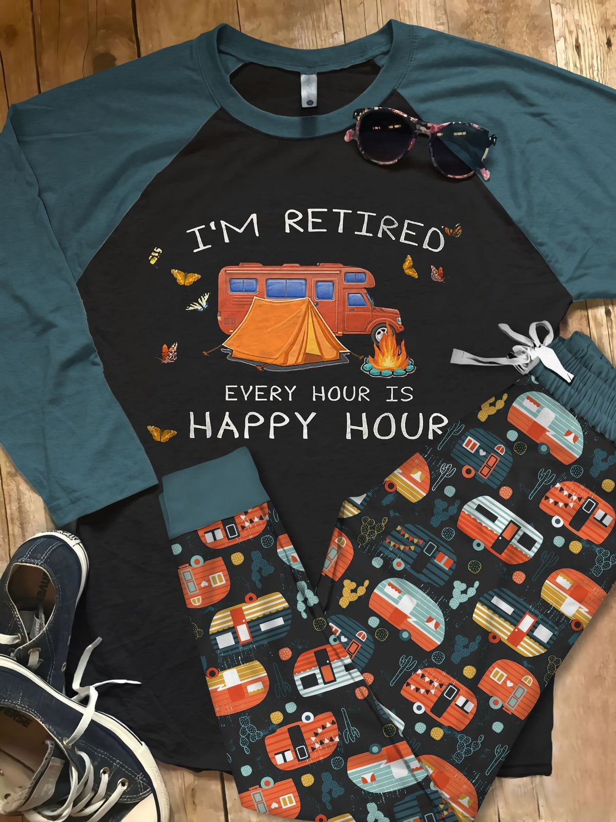 Camping Happy Hour Pajama Set |Sleepwear Pjs Sets | Raglan Shirt Pants Set
