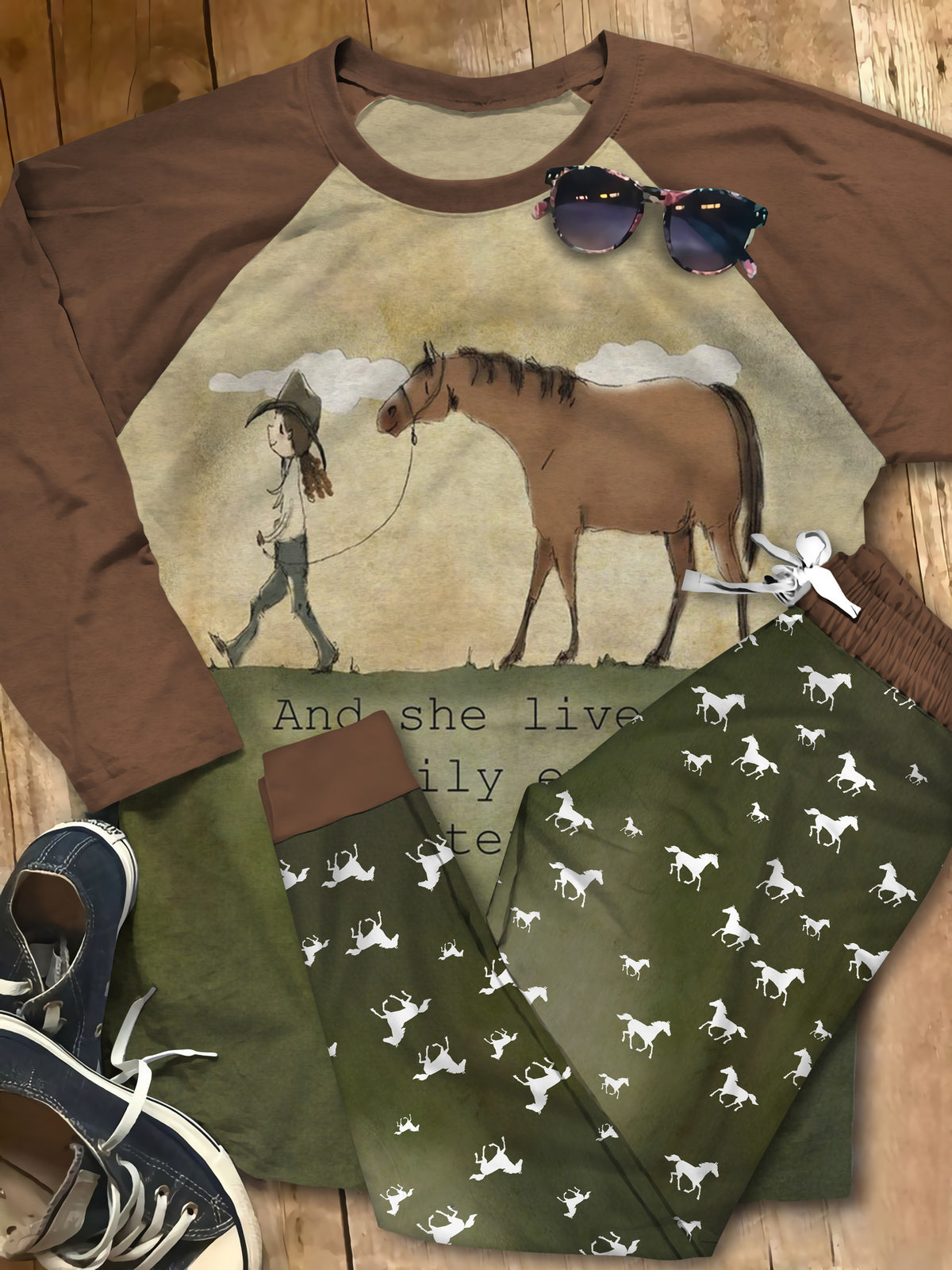 Horse She Lives Happily Pajama Set |Sleepwear Pjs Sets | Raglan Shirt Pants Set