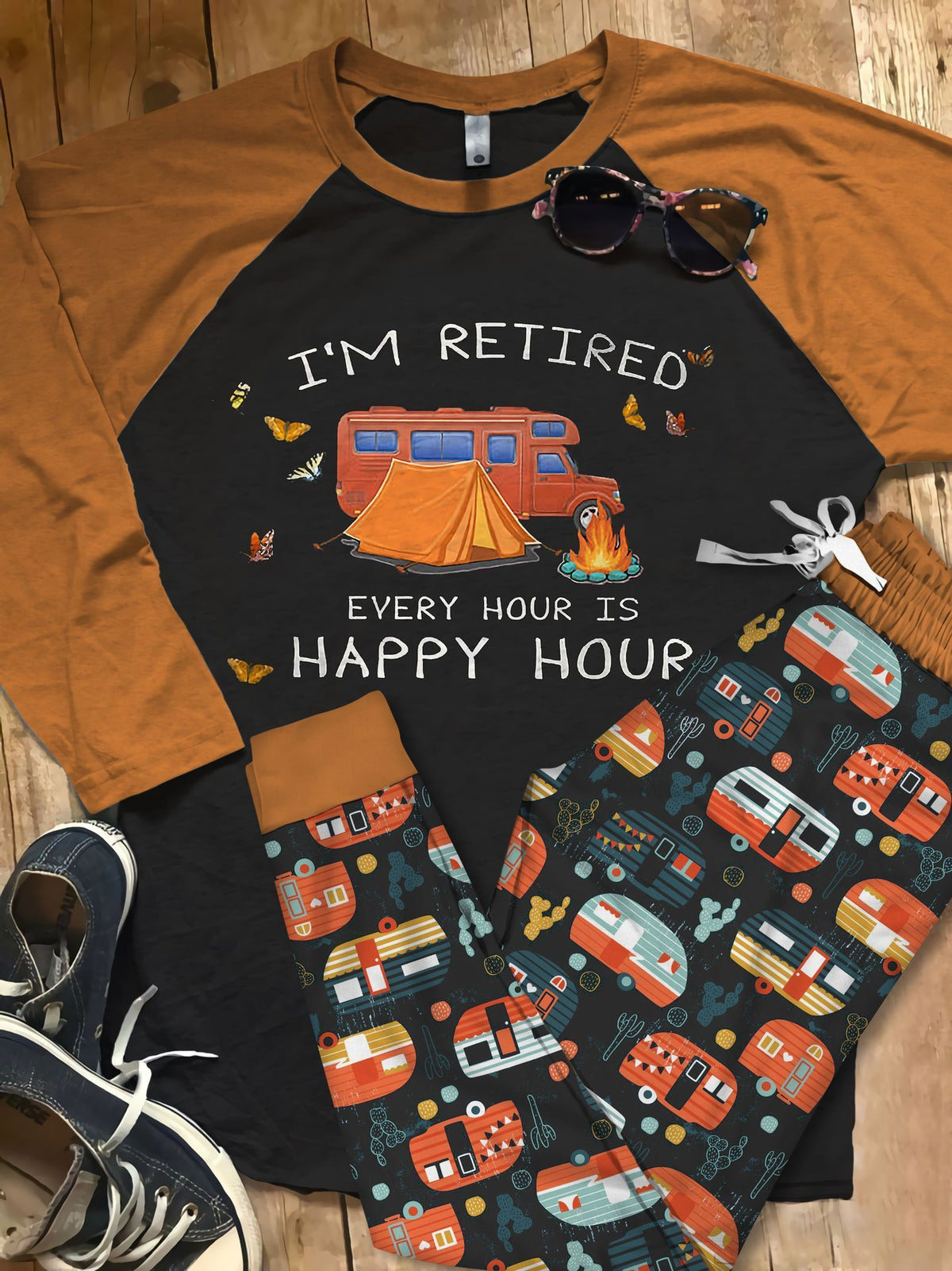 Camping Happy Hour Pajama Set |Sleepwear Pjs Sets | Raglan Shirt Pants Set