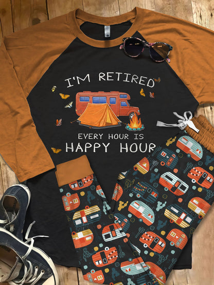 Camping Happy Hour Pajama Set |Sleepwear Pjs Sets | Raglan Shirt Pants Set