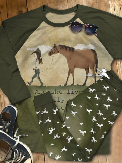 Horse She Lives Happily Pajama Set |Sleepwear Pjs Sets | Raglan Shirt Pants Set