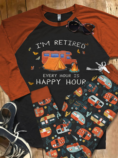 Camping Happy Hour Pajama Set |Sleepwear Pjs Sets | Raglan Shirt Pants Set