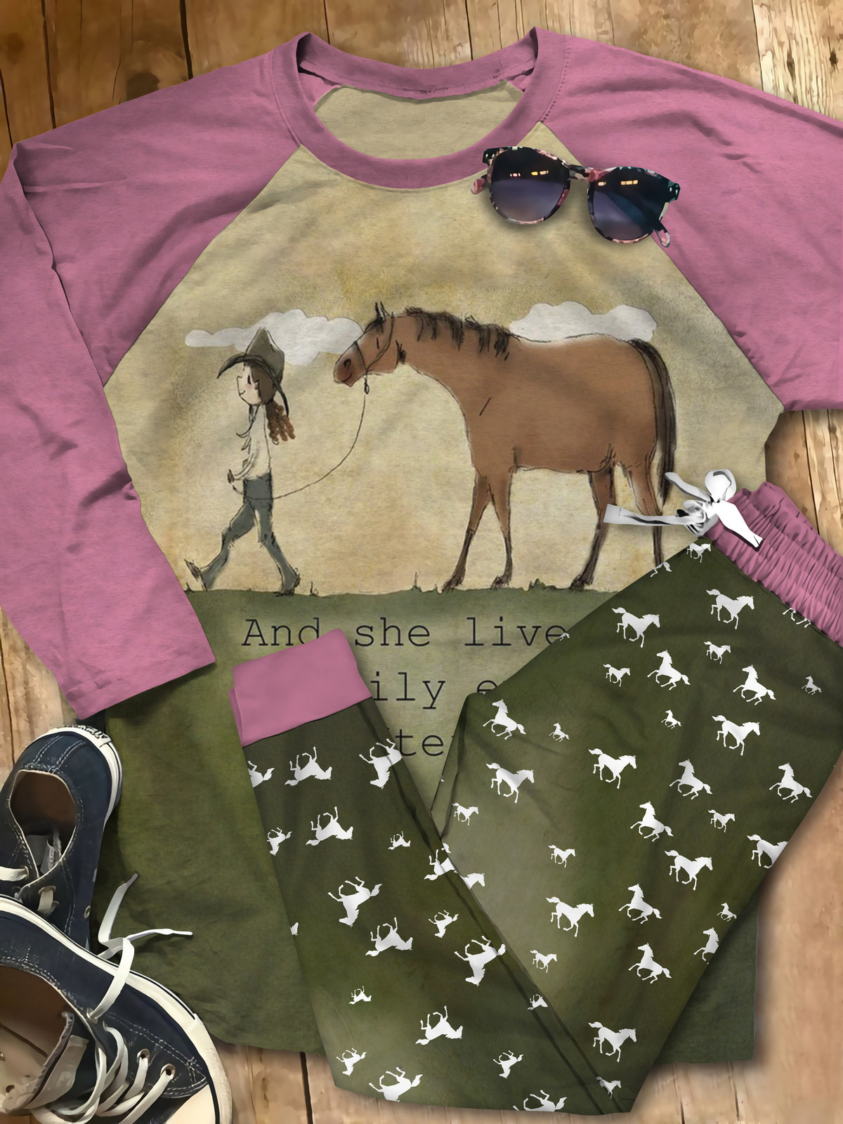 Horse She Lives Happily Pajama Set |Sleepwear Pjs Sets | Raglan Shirt Pants Set