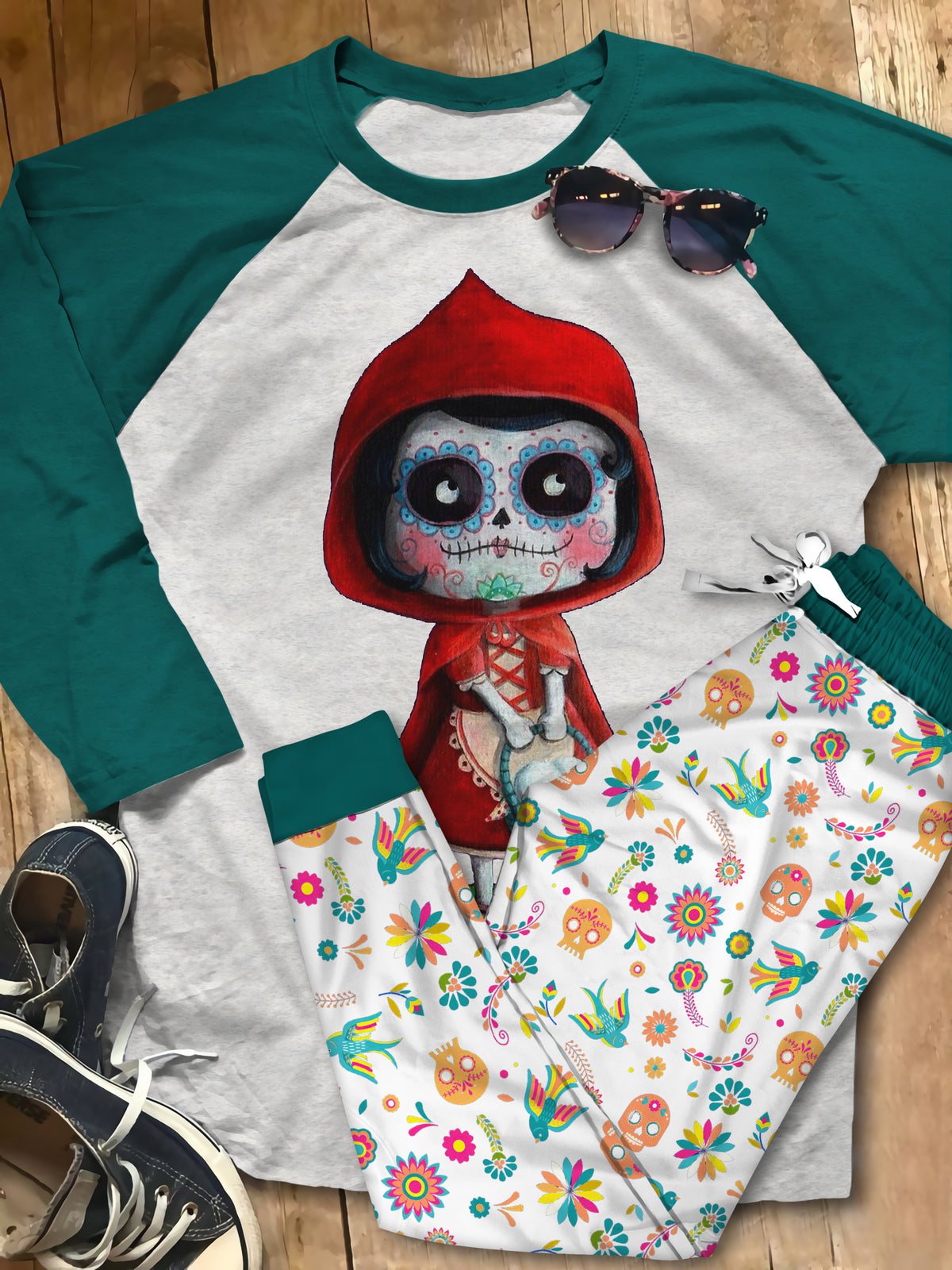 Day Of The Dead Happy Sugar Skull Pajama Set |Sleepwear Pjs Sets | Raglan Shirt Pants Set