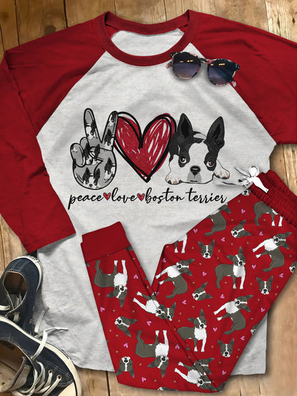 Boston Terrier Peace Pajama Set |Sleepwear Pjs Sets | Raglan Shirt Pants Set