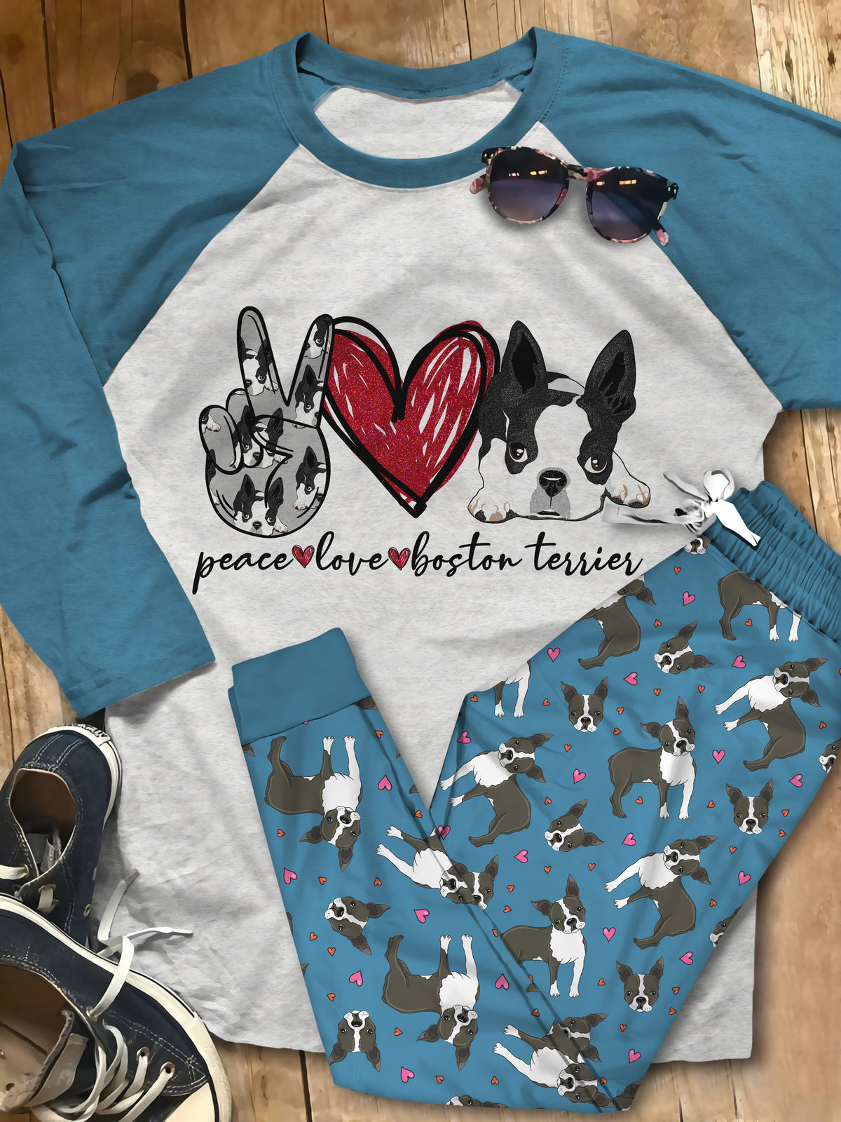 Boston Terrier Peace Pajama Set |Sleepwear Pjs Sets | Raglan Shirt Pants Set