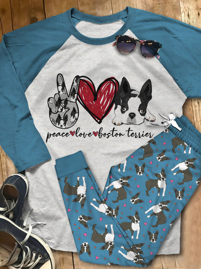 Boston Terrier Peace Pajama Set |Sleepwear Pjs Sets | Raglan Shirt Pants Set