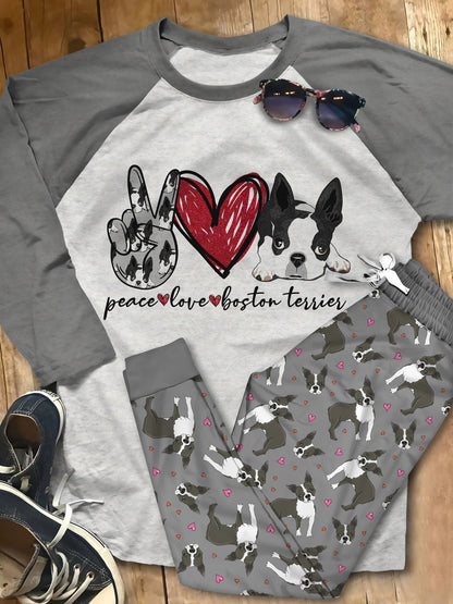 Boston Terrier Peace Pajama Set |Sleepwear Pjs Sets | Raglan Shirt Pants Set