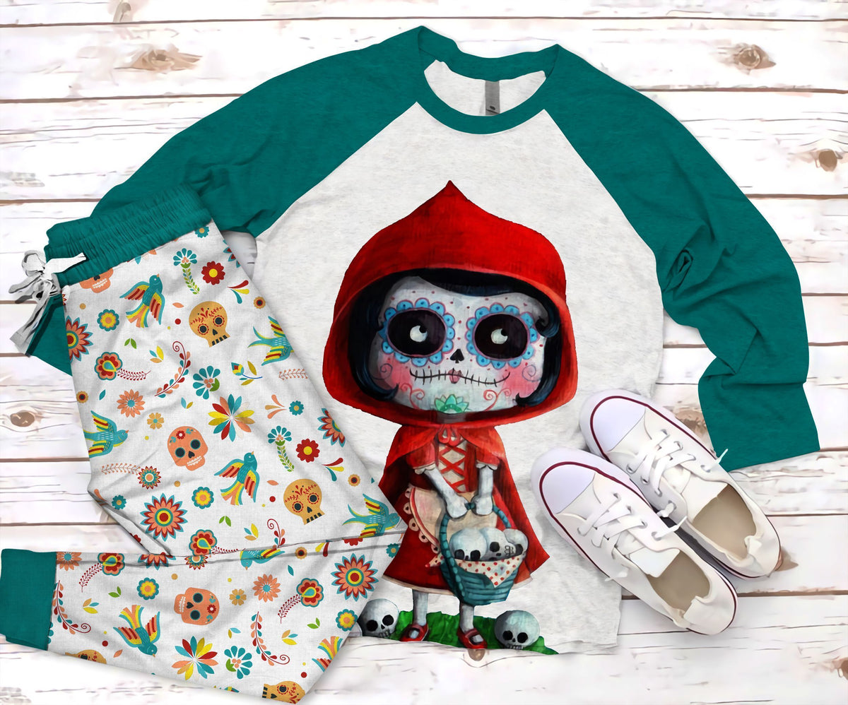 Day Of The Dead Happy Sugar Skull Pajama Set |Sleepwear Pjs Sets | Raglan Shirt Pants Set