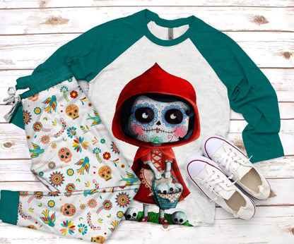 Day Of The Dead Happy Sugar Skull Pajama Set |Sleepwear Pjs Sets | Raglan Shirt Pants Set