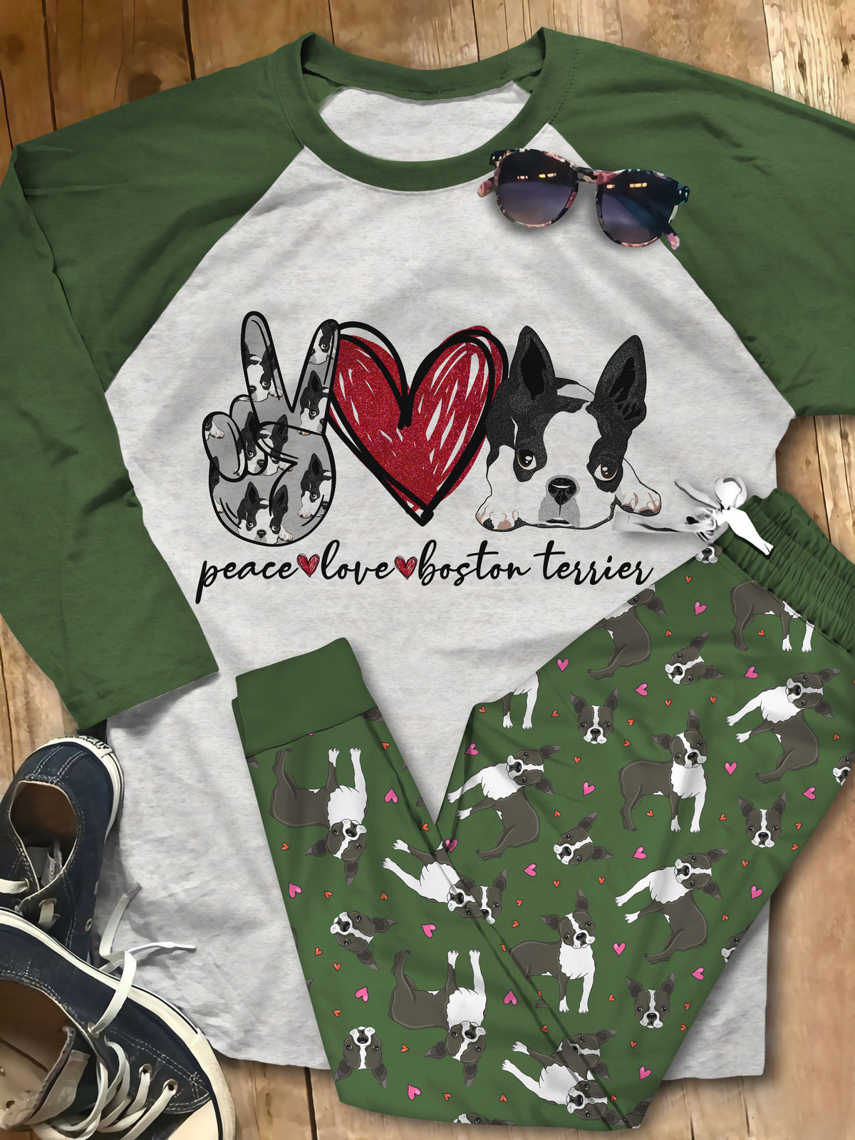 Boston Terrier Peace Pajama Set |Sleepwear Pjs Sets | Raglan Shirt Pants Set