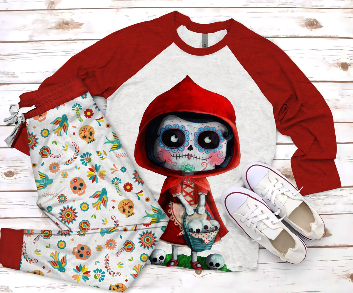 Day Of The Dead Happy Sugar Skull Pajama Set |Sleepwear Pjs Sets | Raglan Shirt Pants Set